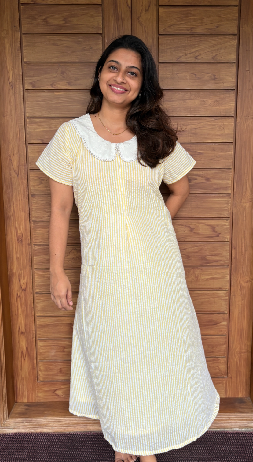 DS23 Yellow Seersucker- Aline-Hakoba PeterPanCollar-Seersucker Cotton Dress