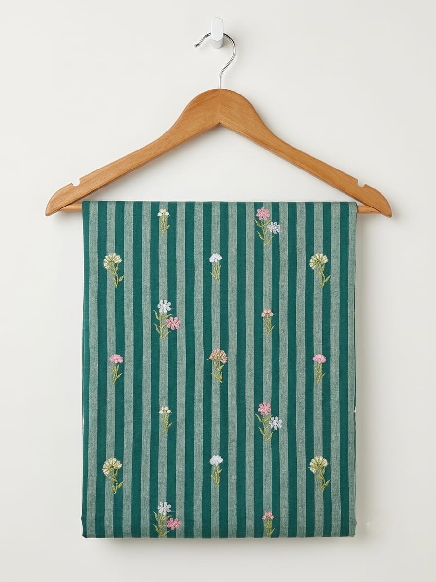 FBR139 Flower embroidery on green stripe cotton fabric