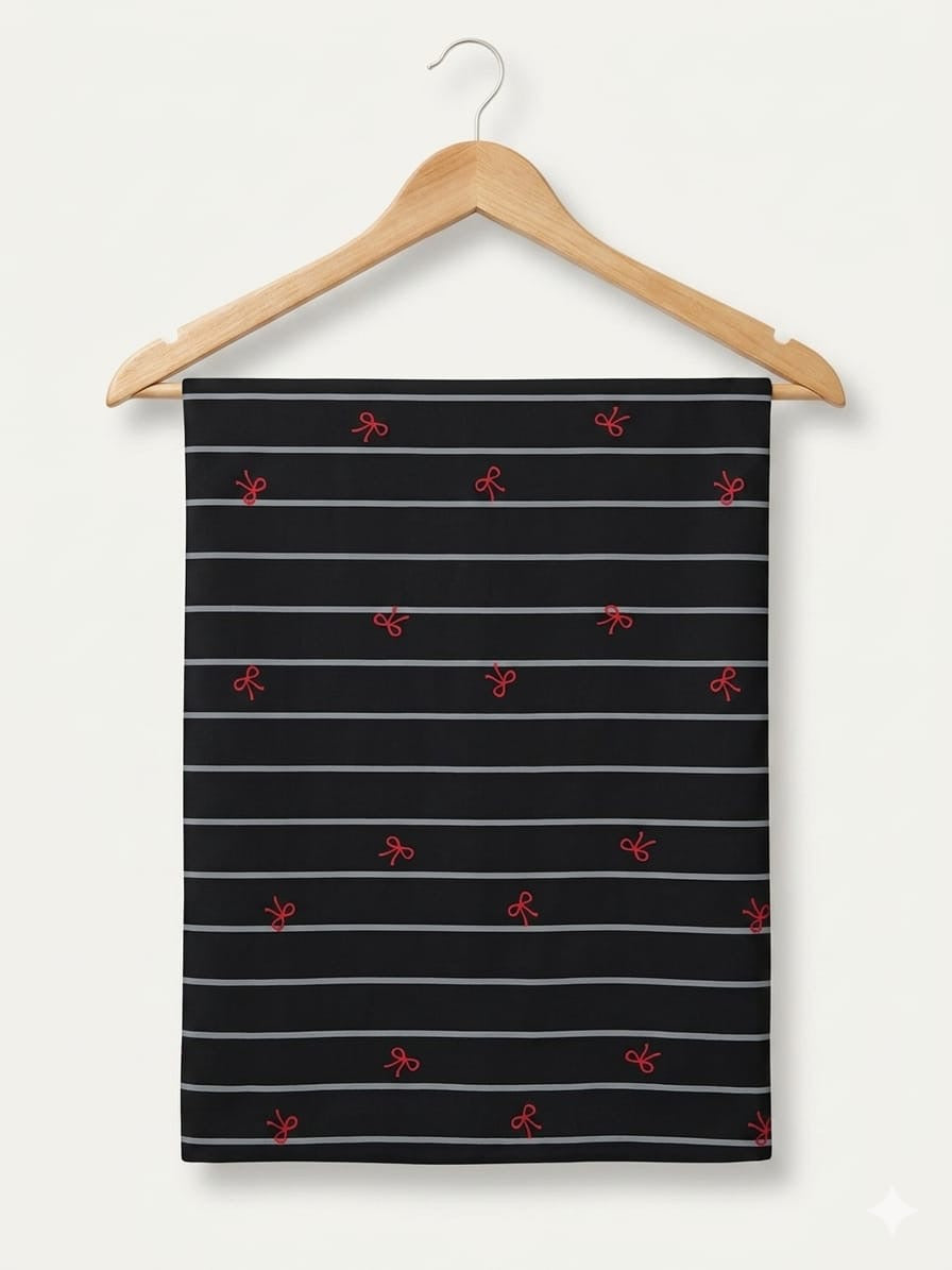 FBR104 Ribbon print on black stripe double gauze muslin