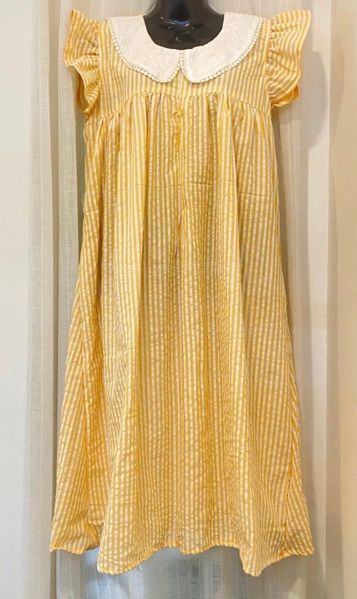 DS35 Peter Pan Collar Sunset Yellow Premium Seersucker Cotton Dress