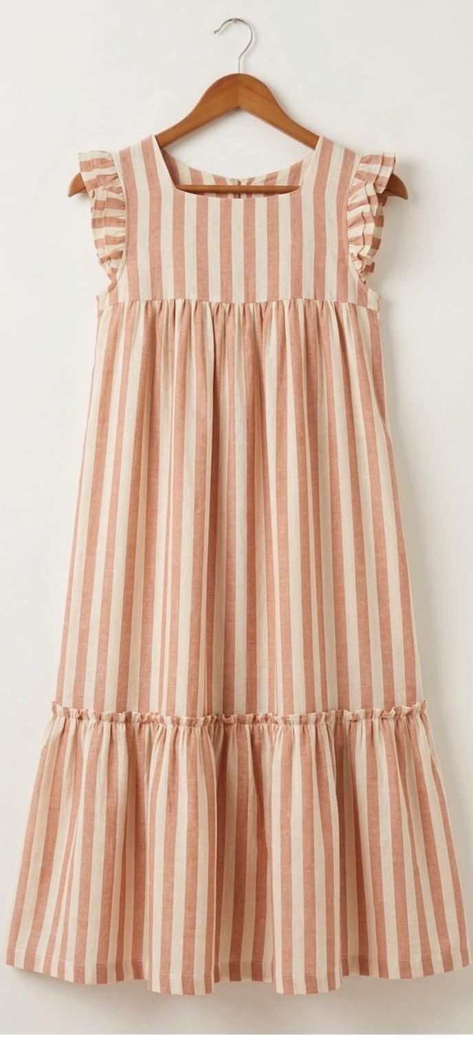 DS174 square neck 2 Layer dress on pinkish brown stripe dress