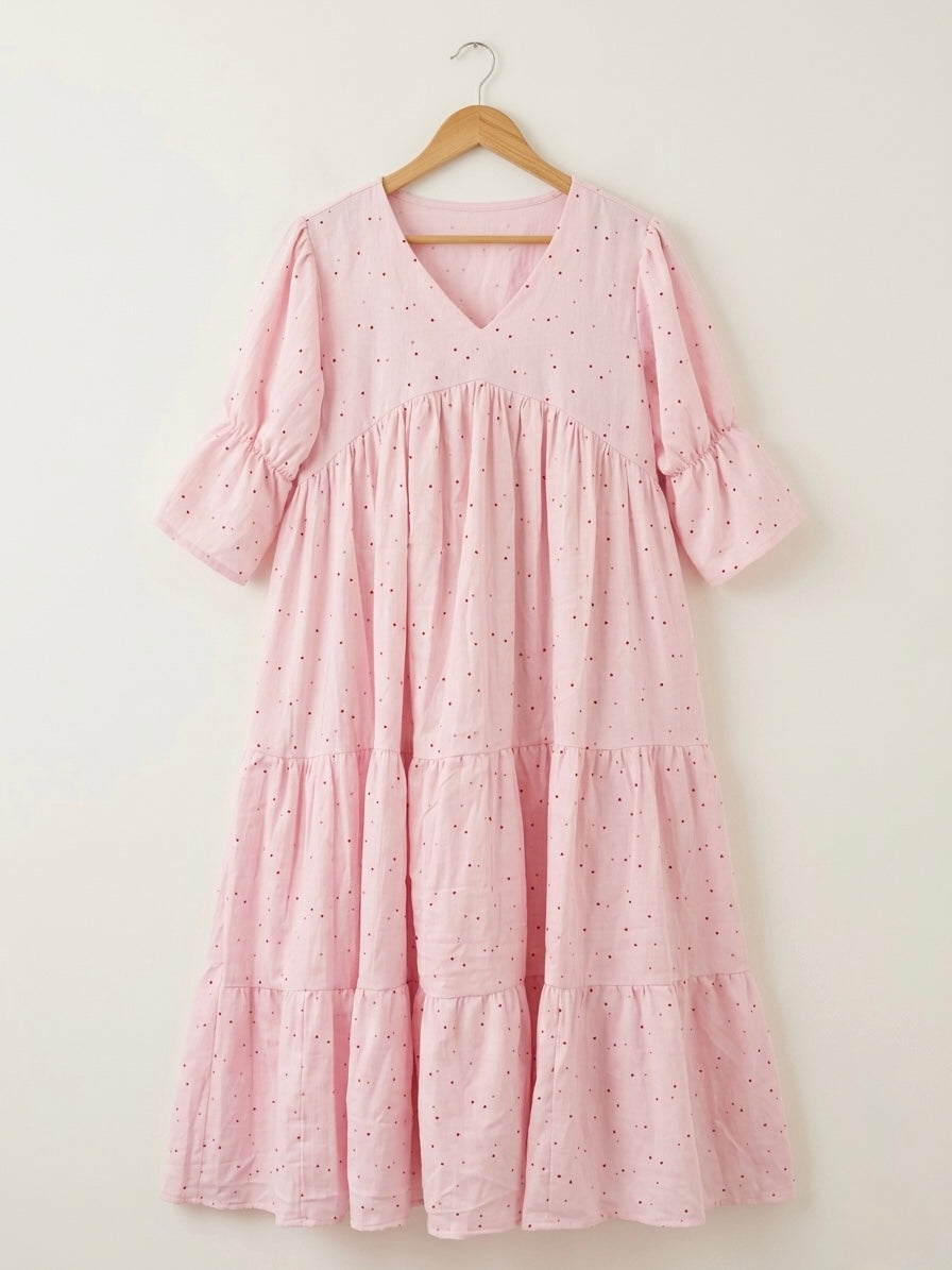 DS118 Heart print baby pink double gauze muslin Alia cut layered dress
