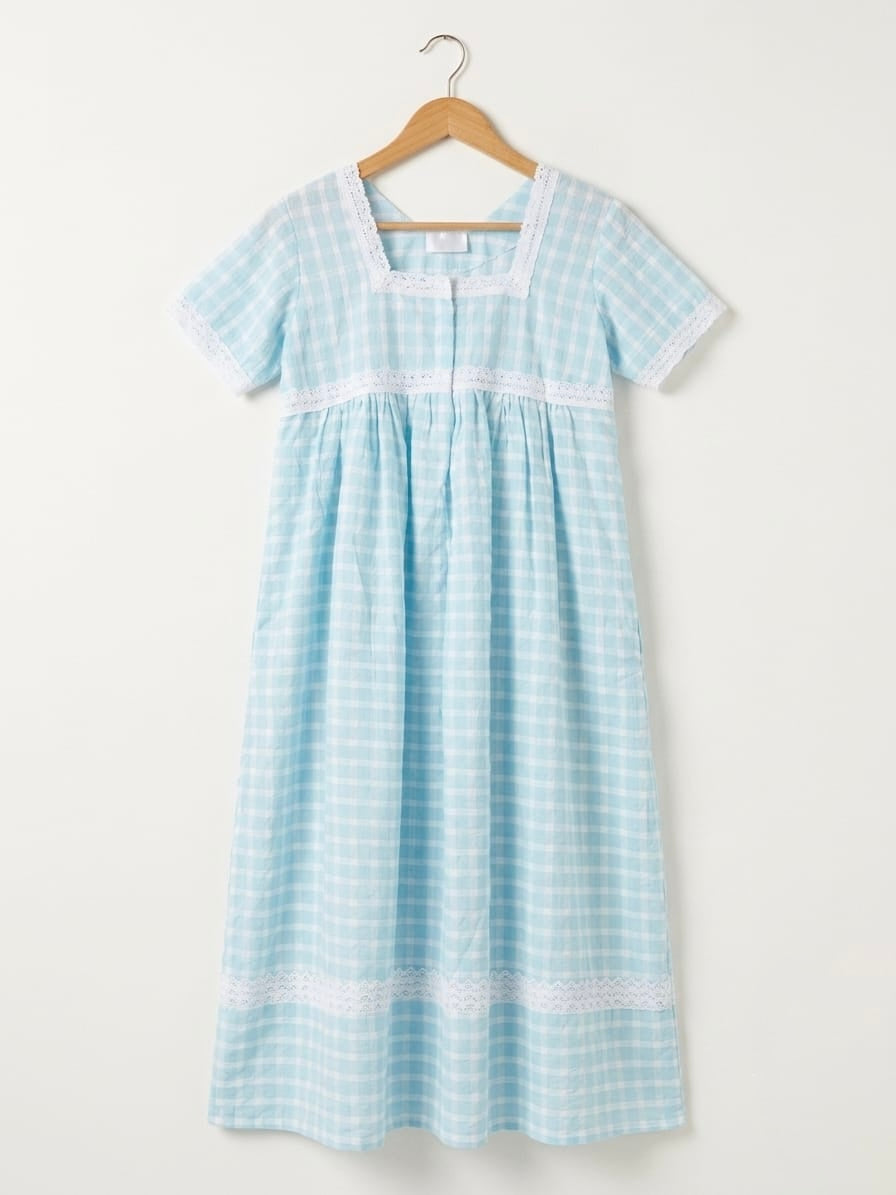DS192 Square neck with lace detailing in blue seersucker fabric