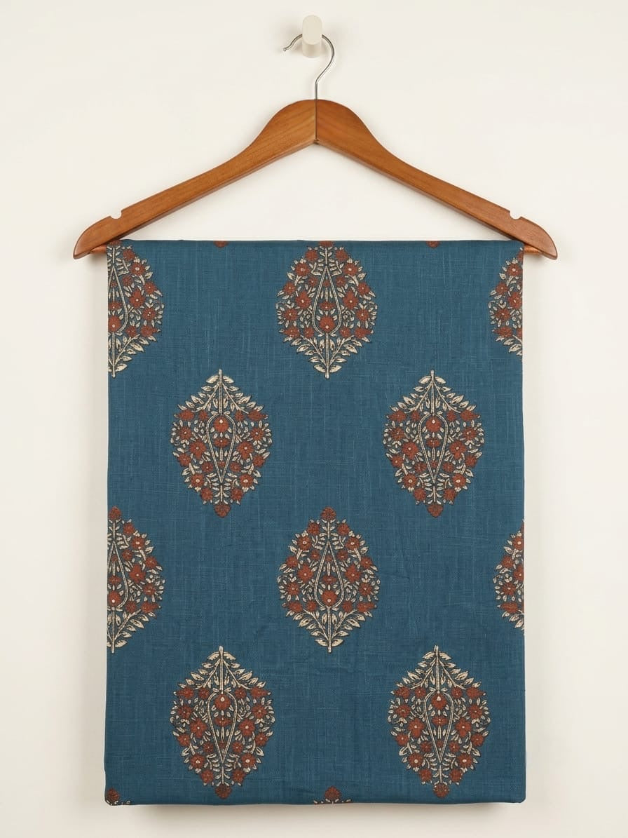 FBR135 Red flower design on blue cotton fabric