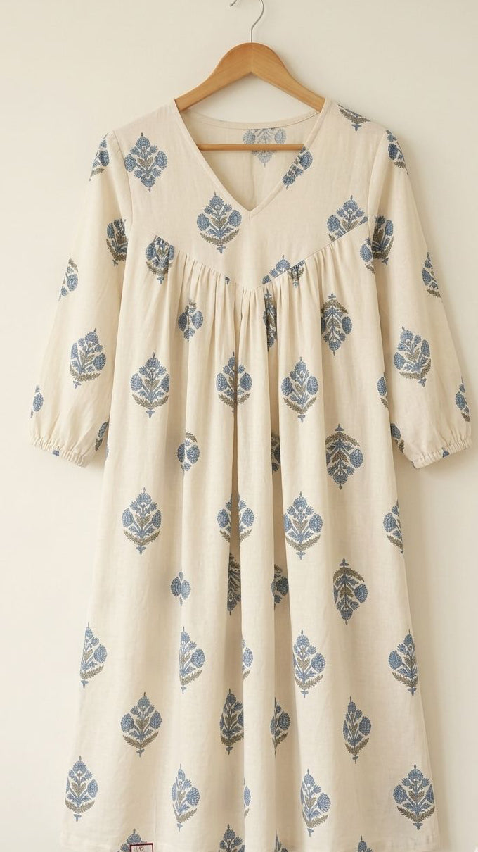 DS144-White and Blue printed Inverted Alia cut dress