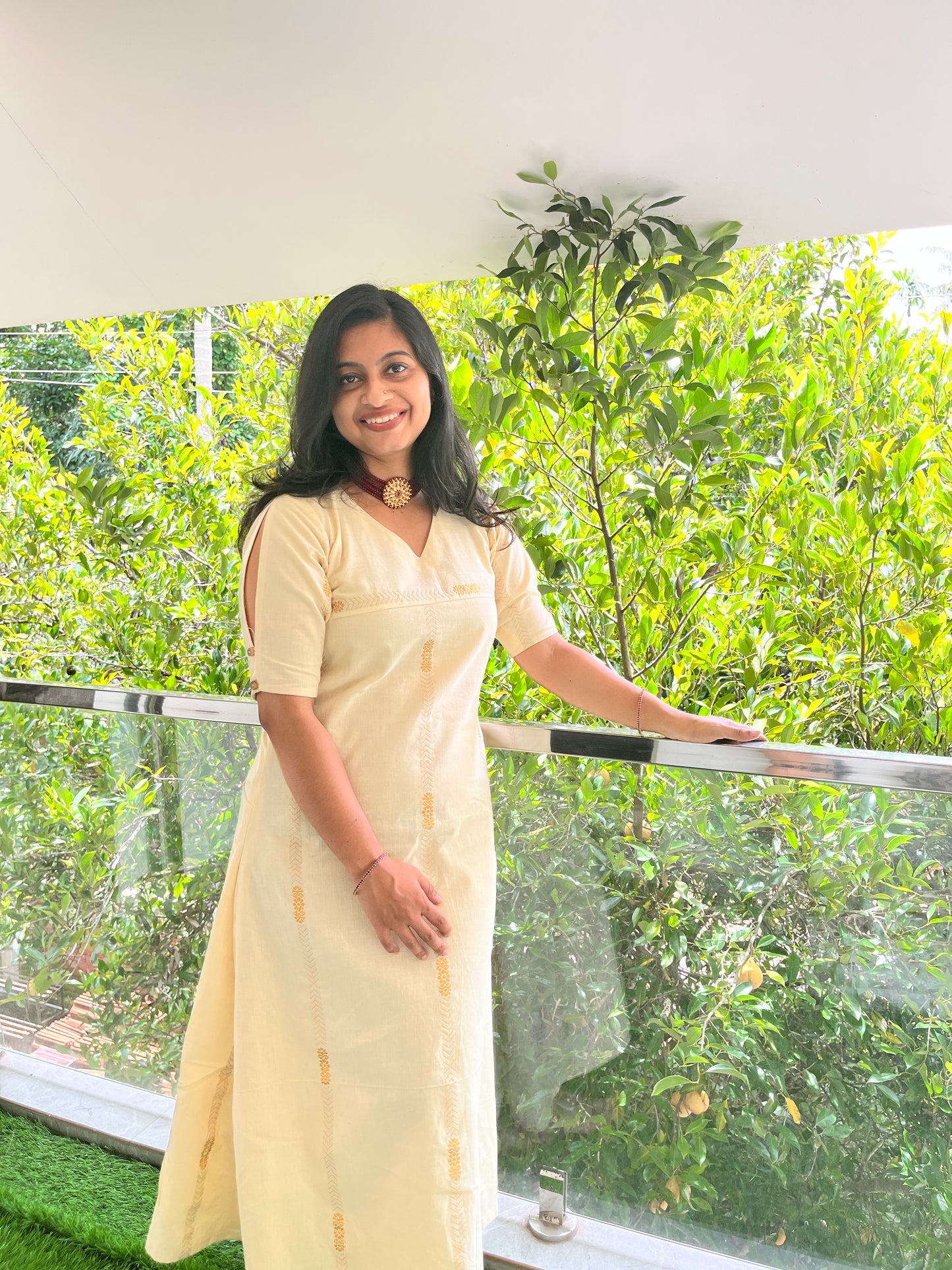 DS193-Onam Attire1 - V neck Aline dress in Handloom fabric