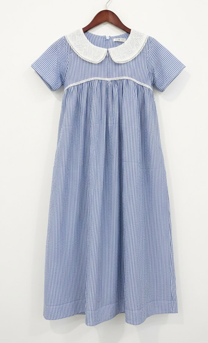 DS102 Blue Stripe seersucker cotton Peter pan collar dress