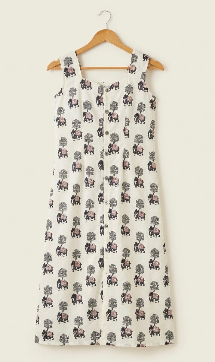 DS111 White & Black Elephant print show button cotton dress