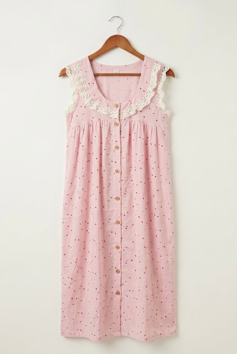 DS113 Heart print pink double gauze muslin full open dress with lace detail