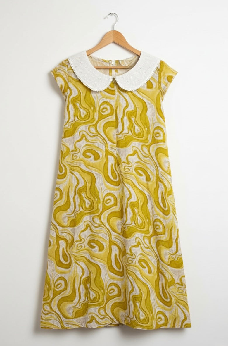 DS115 Yellow Marble print cotton Peter pan collar dress