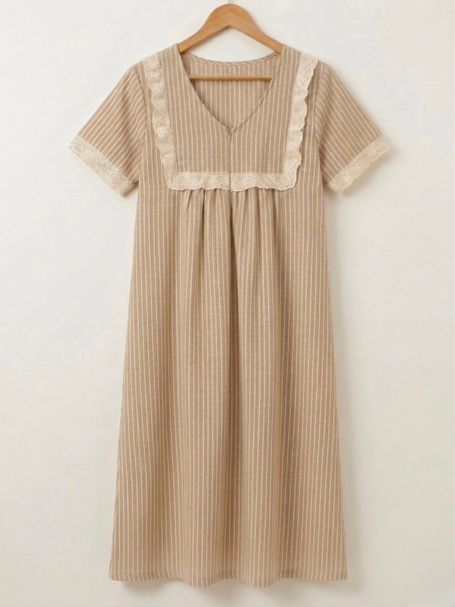 DS125 Light Brownish cream stripe double gauze muslin V neck dress with rectangle lace and gathers