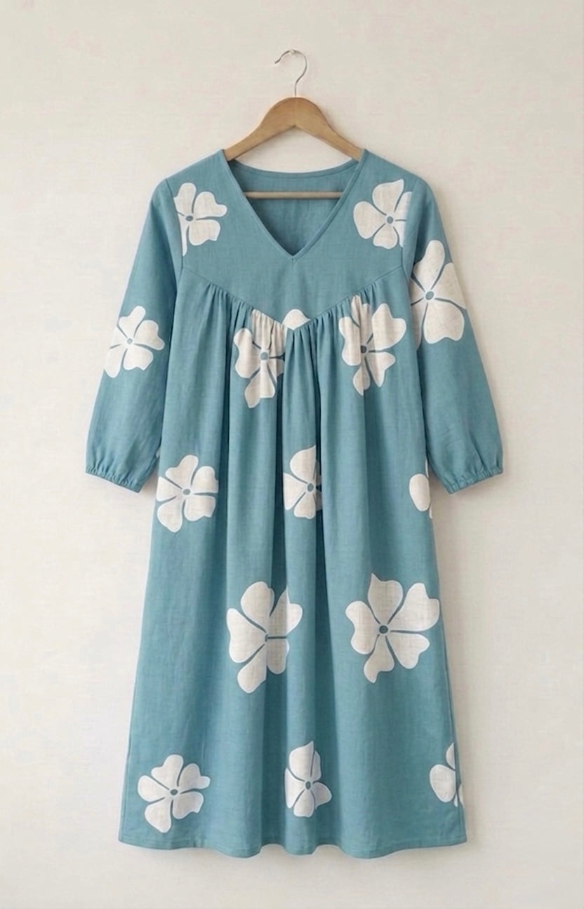 DS131 Green flower print V neck with inverted Alia cut cotton dress