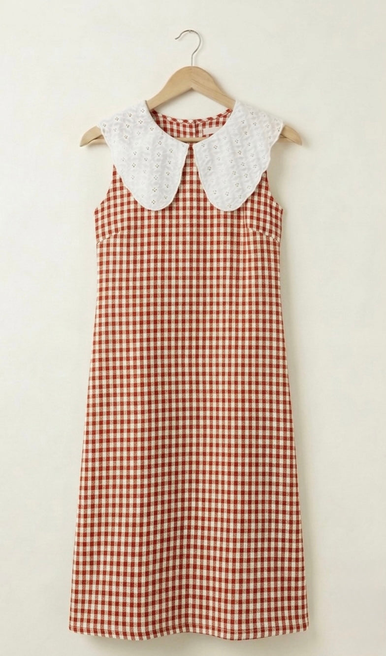 DS140 Red and white check seersucker cotton hakoba collar dress