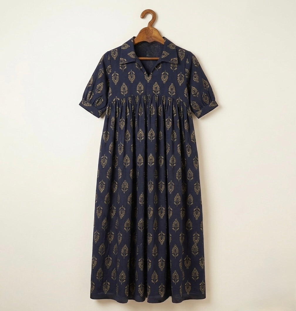 DS147 leaf print Dark blue Shirt collar dress with gathers on yoke