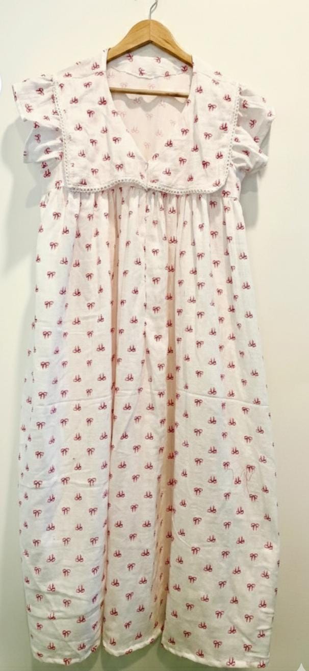 DS78 Double gauze muslin ribbon print flap collar dress
