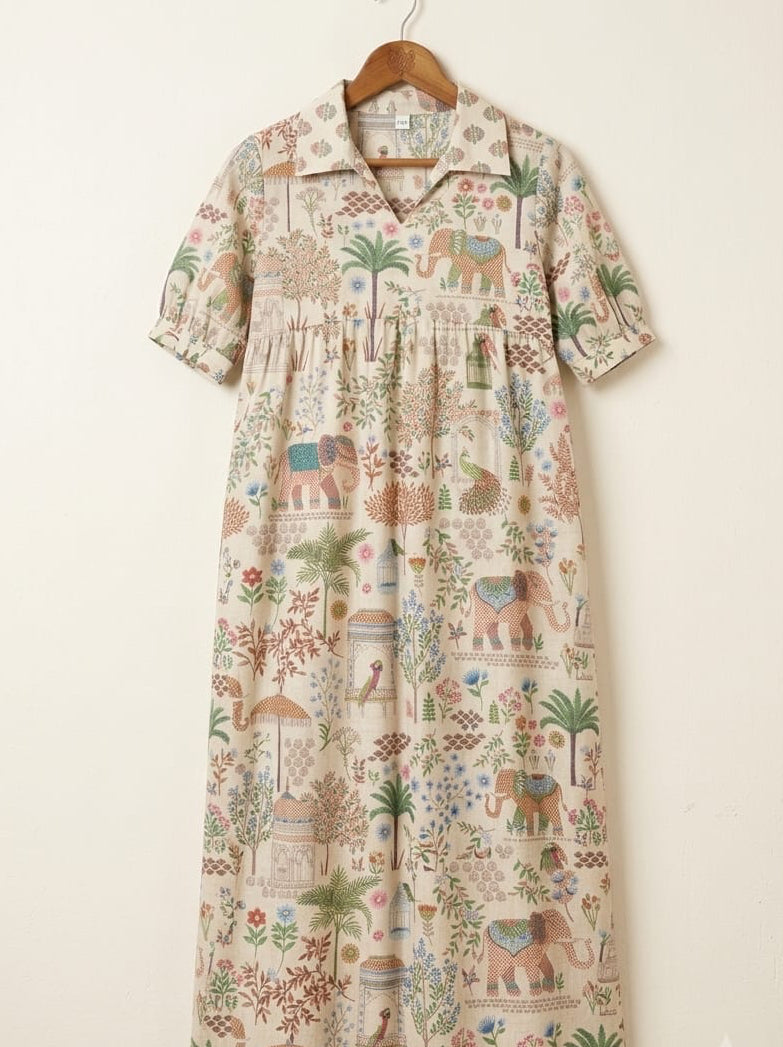 DS190 Shirt collar with frills in multiprint design fabric dress