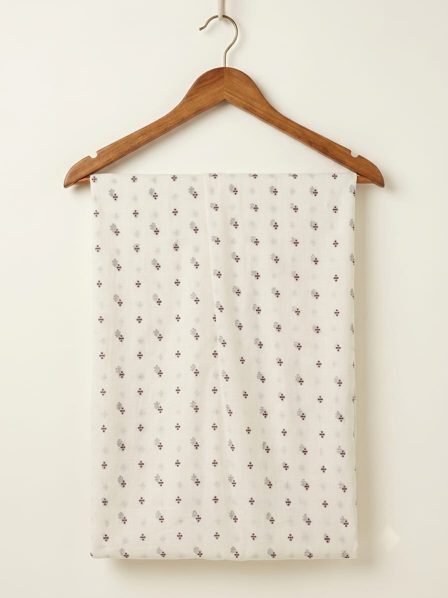 FBR064 Red embroidery on cream cotton fabric