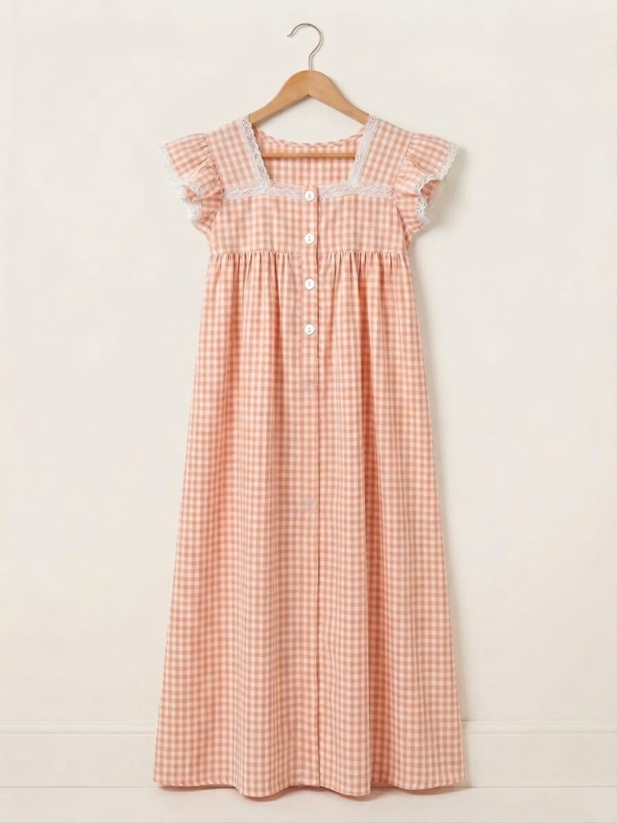 DS114 Premium Pink seersucker cotton dress with lace & openable buttons