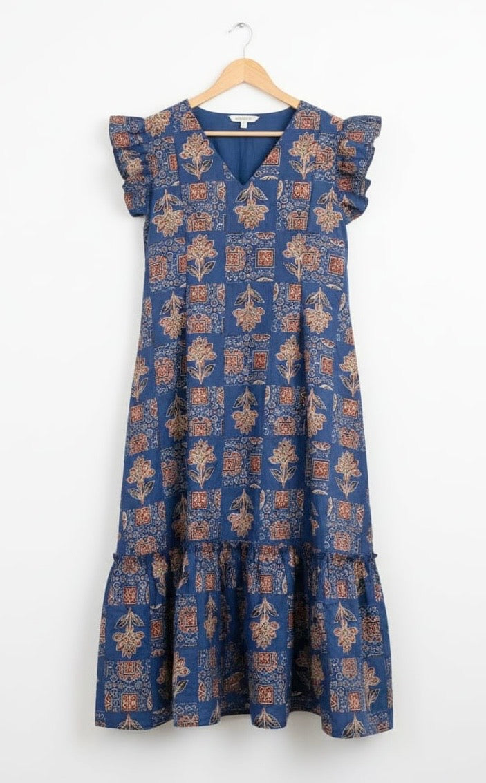 DS92 Blue-SquareDesign-Cotton-V-Neck with bottom frills dress