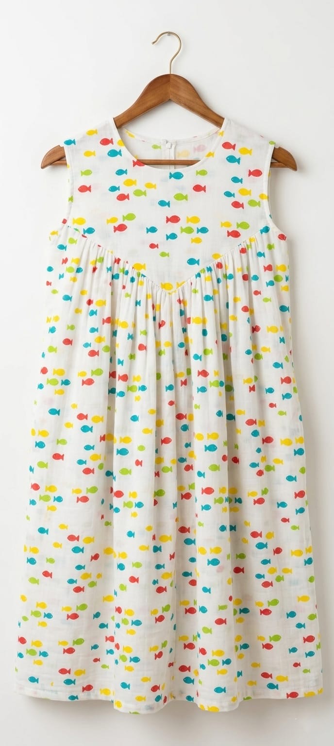 DS173 Fish print double gauze muslin - Inverted alia cut dress