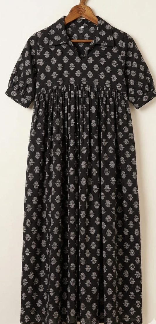 DS158-Black cotton printed Shirt Collar dress