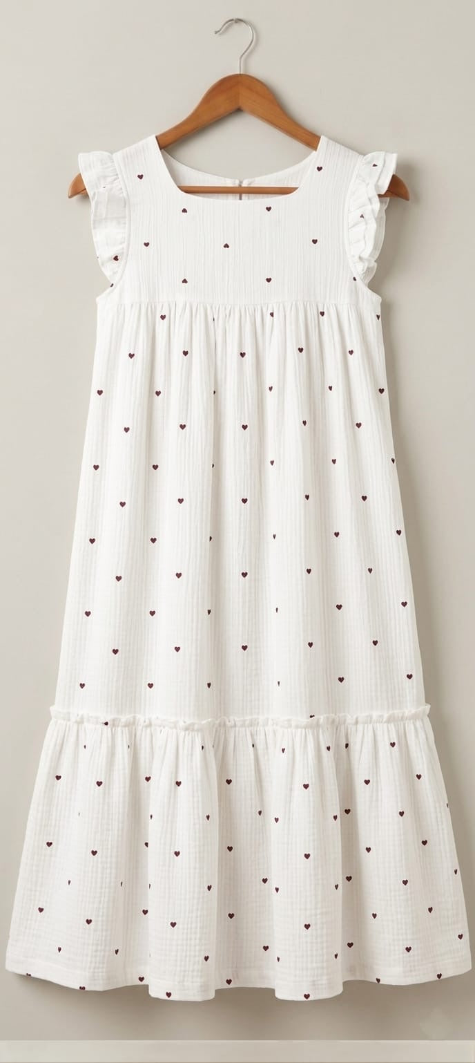 DS175 Square neck 2 layer dress on heart print white muslin fabric