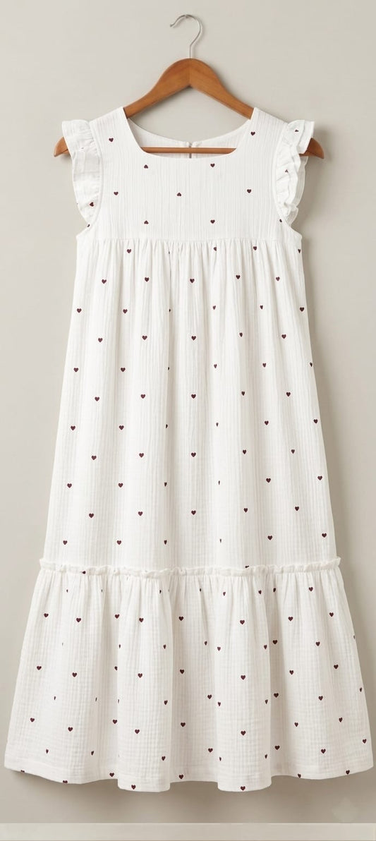 DS175 Square neck 2 layer dress on heart print white muslin fabric