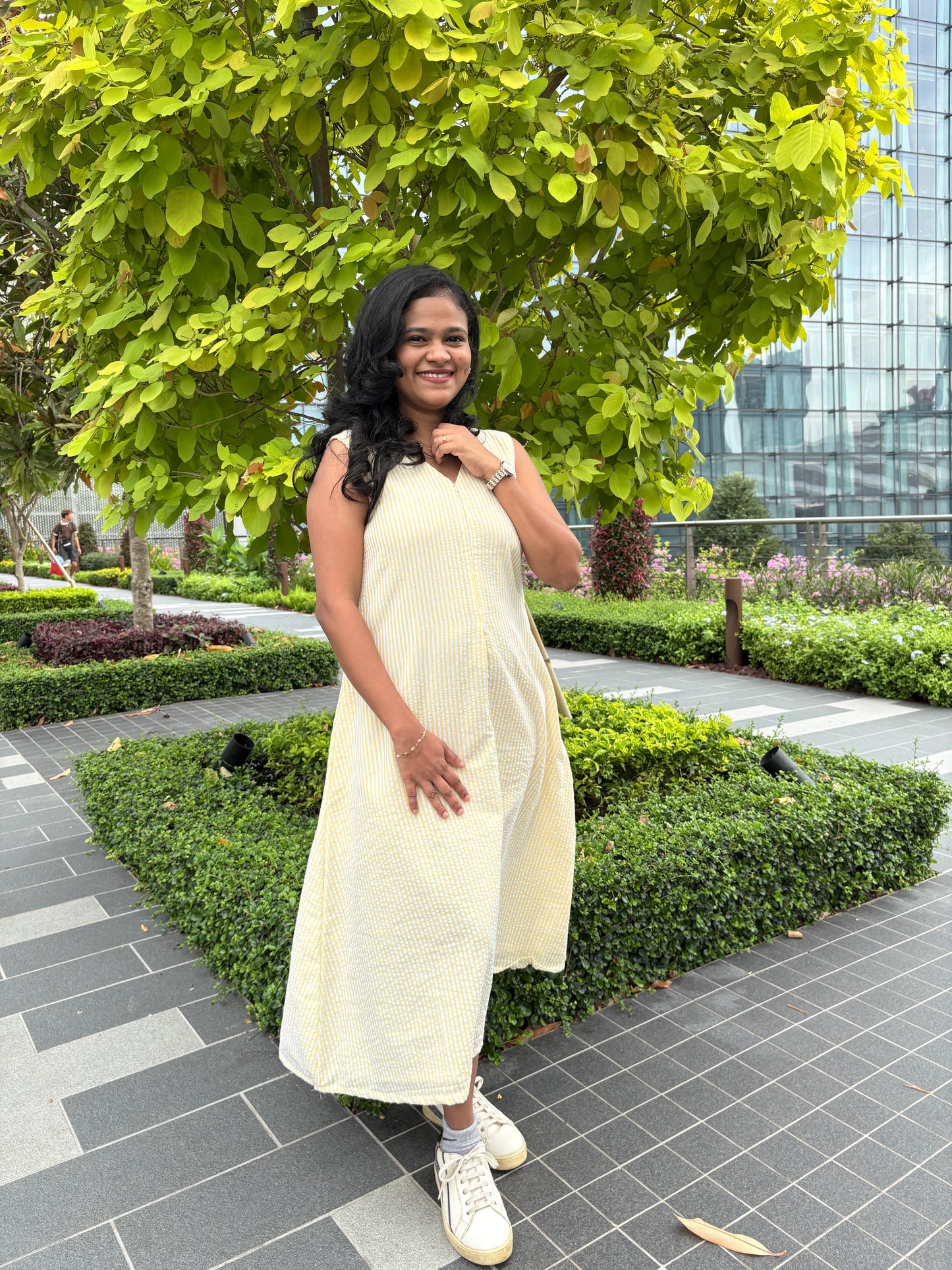 DS41 Premium yellow seersucker cotton V neck dress