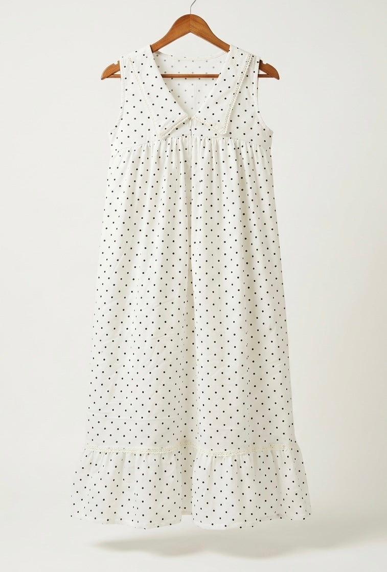 DS217 Off white polka dot V neck peter pan collar dress with bottom frills