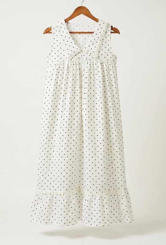 DS217 Off white polka dot V neck peter pan collar dress with bottom frills