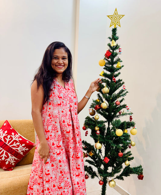DS73 V-neck Christmas print dress
