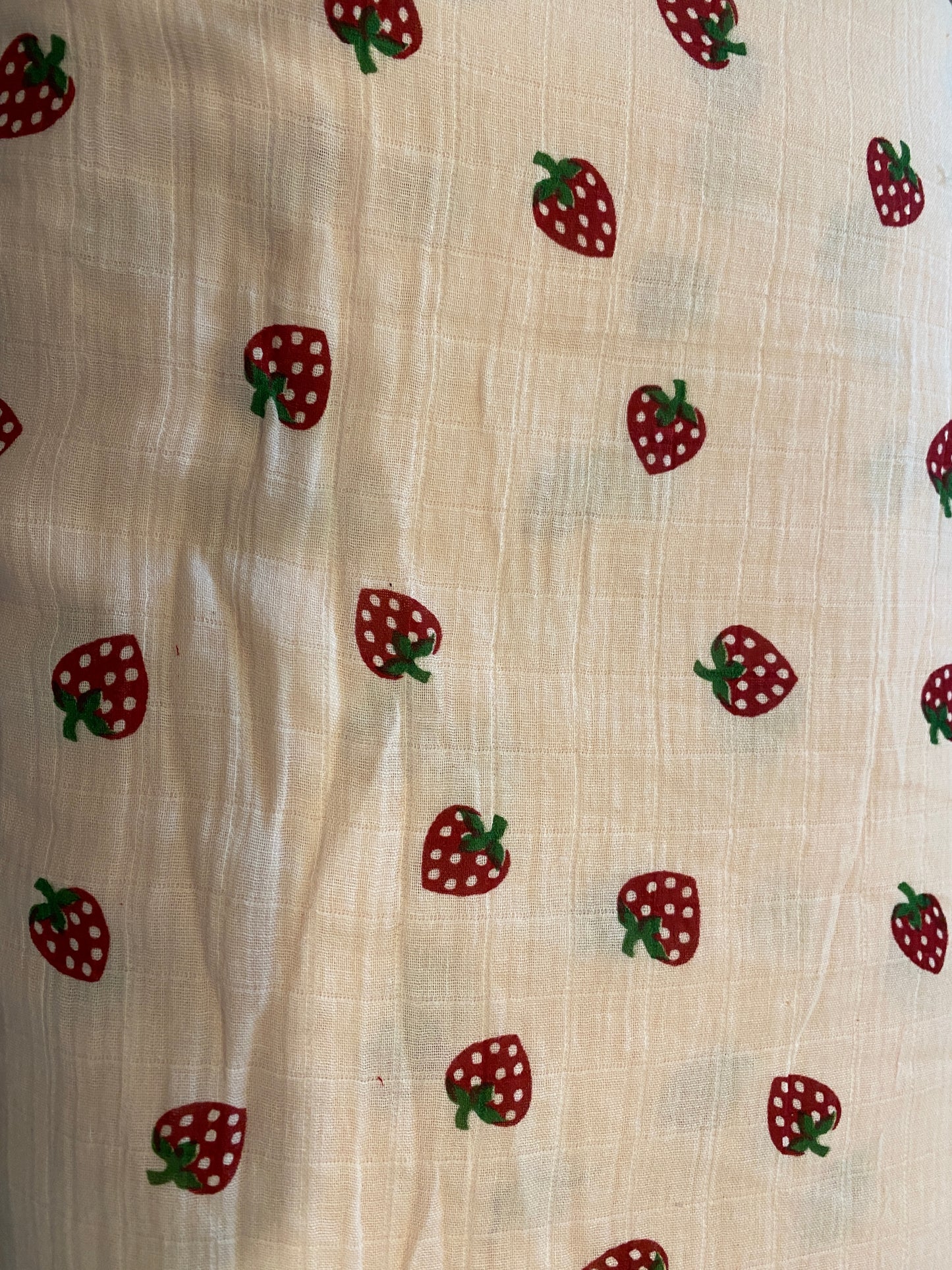 FBR069 Strawberry Print on light peach coloured double gauze muslin fabric