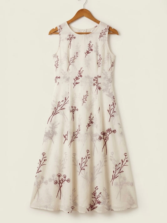 DS195 maroon leaf print on off-white cotton round neck dress