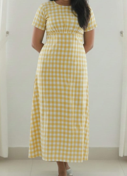 DS76 Yellow and white coloured Check Fabric Dress