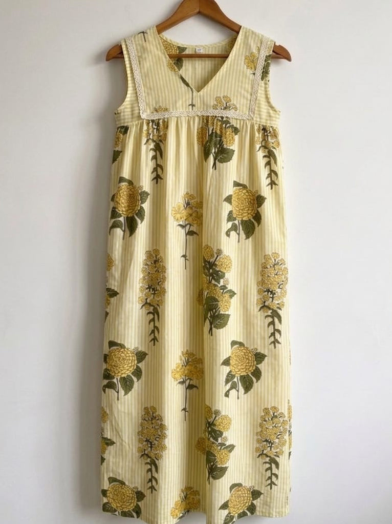 DS161- Yellow stripes flower print Cotton Fabric