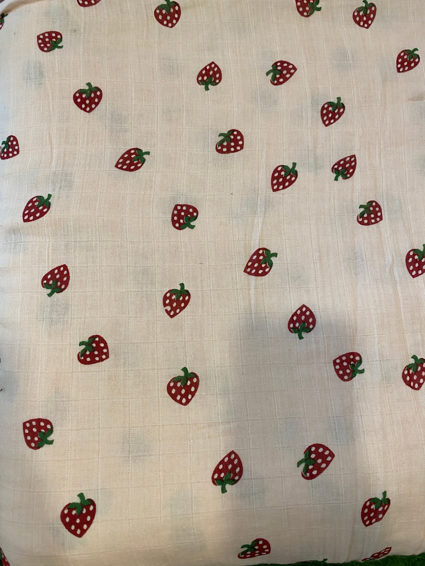 FBR069 Strawberry Print on light peach coloured double gauze muslin fabric