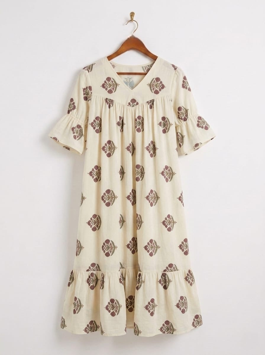 DS165 red print white dress - v-neck with inverted alia cut and bottom flairs