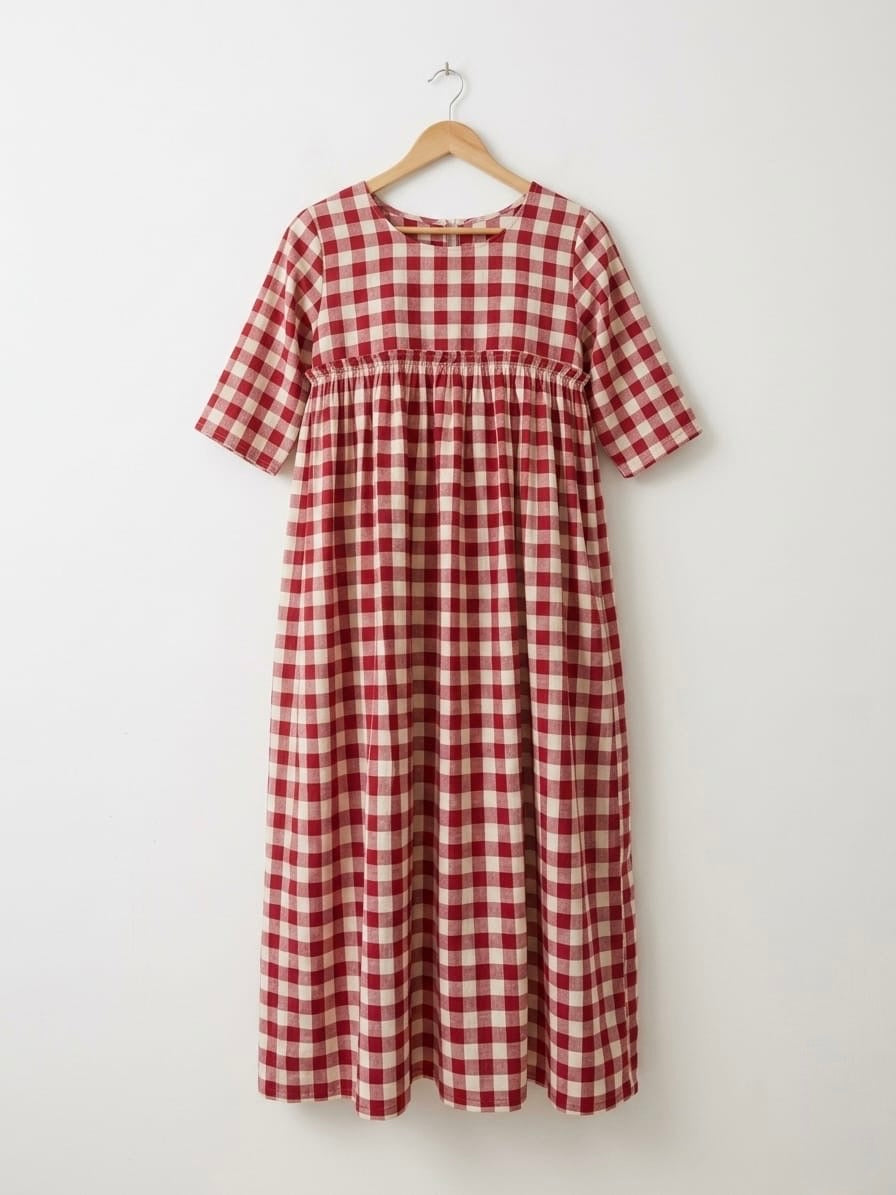 DS151 Big red white soft cotton round neck dress with gathers on yoke