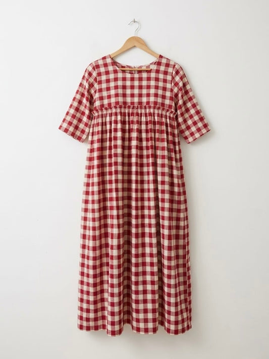 DS151 Big red white soft cotton round neck dress with gathers on yoke