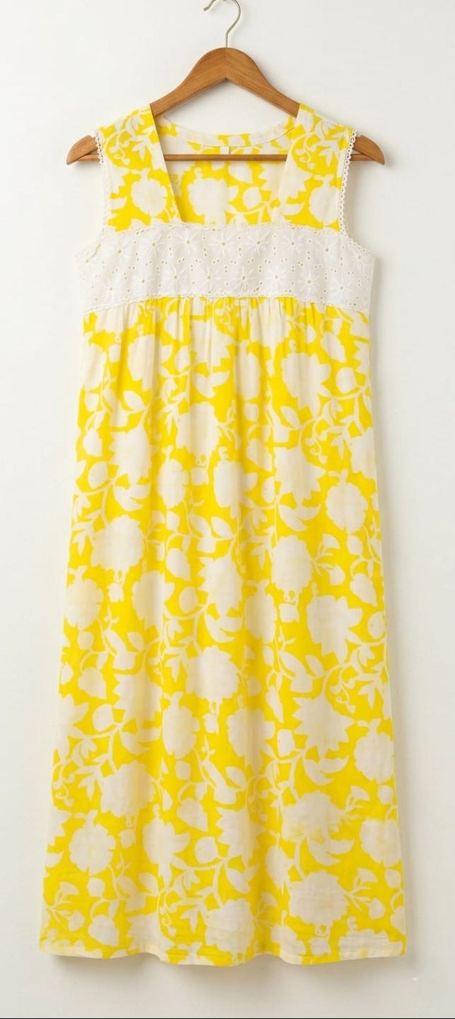 DS178 Hakoba square neck dress on yellow floral dress