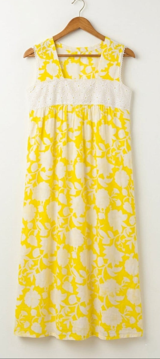 DS178 Hakoba square neck dress on yellow floral dress