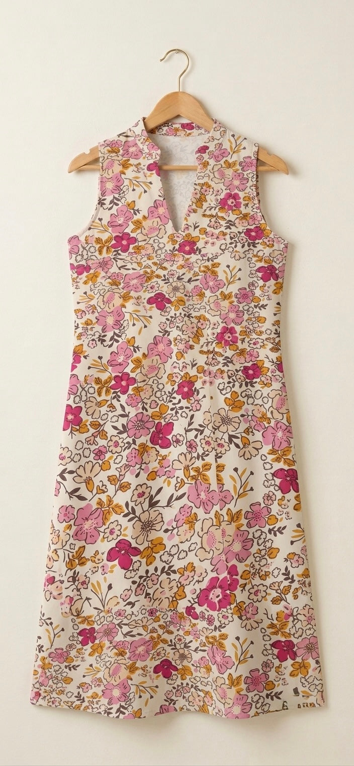 DS194 floral print double gauze muslin V neck dress
