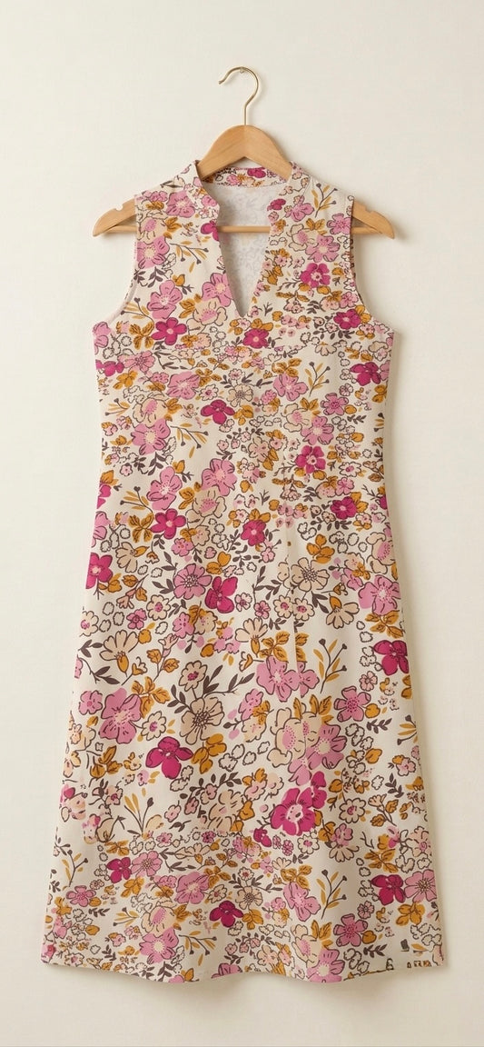 DS194 floral print double gauze muslin V neck dress with collar