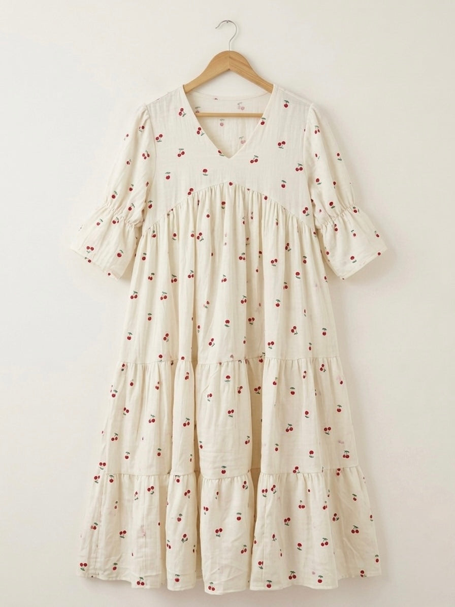 DS119 Cherry print light yellowish offwhite double gauze muslin Alia cut layered dress