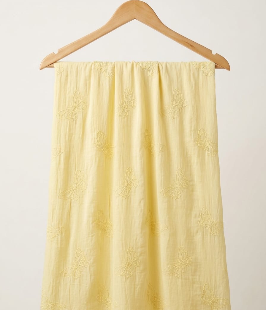 FBR127 Butterfly embroidery on yellow cotton fabric