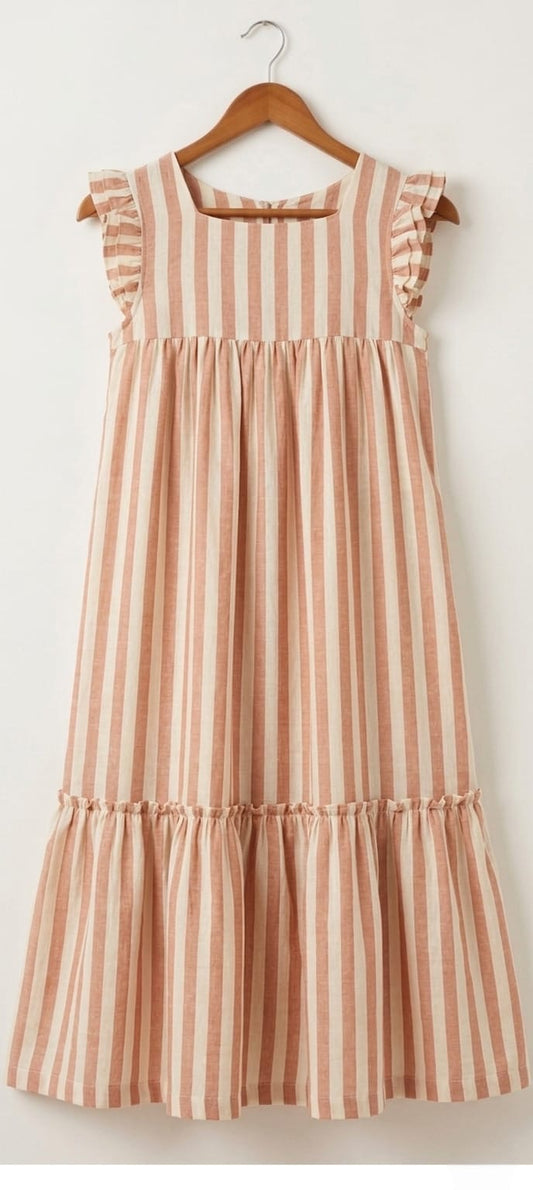 DS174 square neck 2 Layer dress on pinkish brown stripe dress
