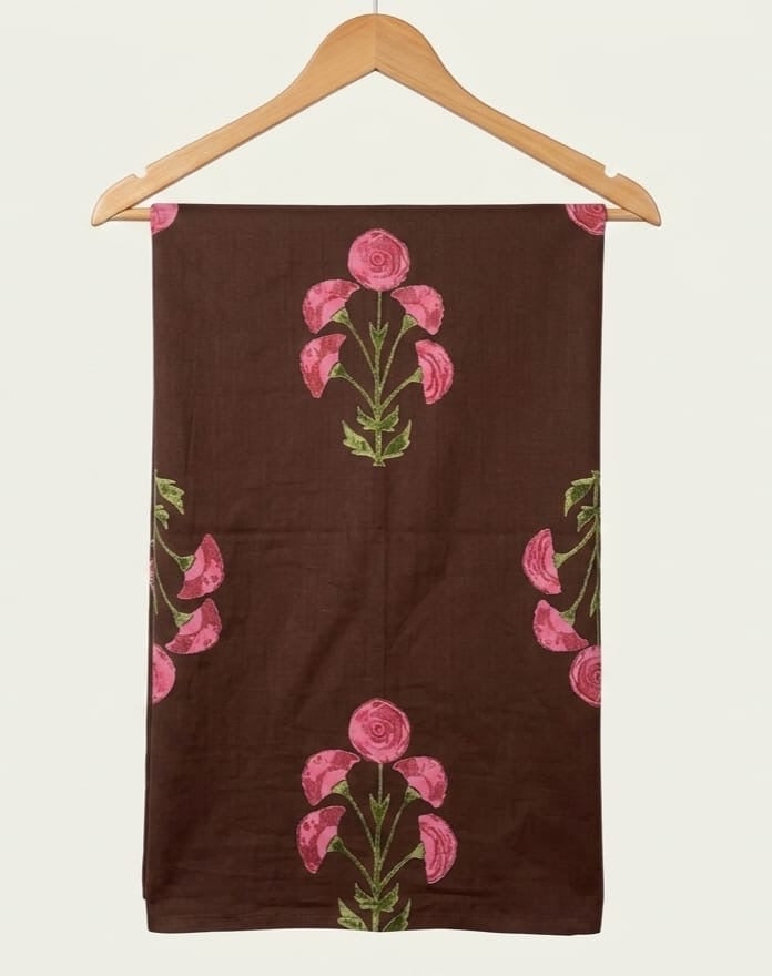 FBR134 Pink Flower print on brown cotton fabric