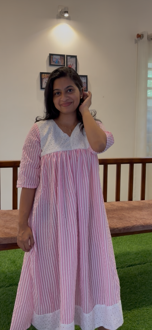 DS199 Hakoba Yoke Pink stripe dress