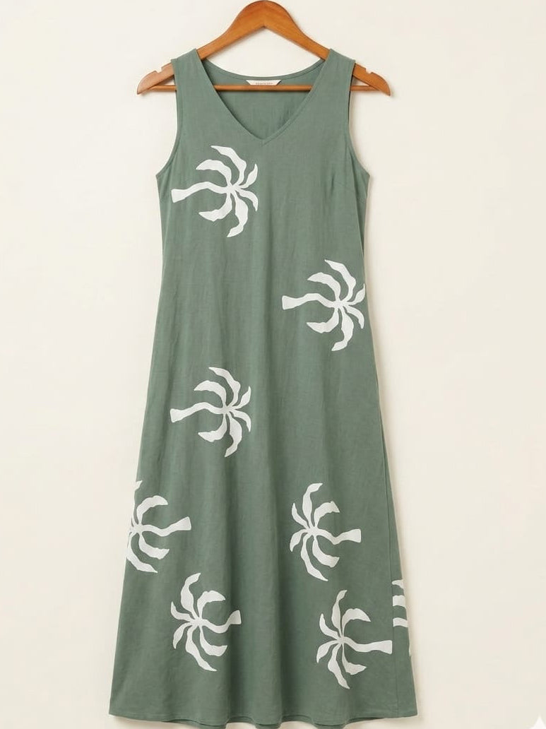 DS169 Tree print-Simple v-neck dress