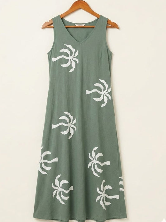 DS169 Tree print-Simple v-neck dress